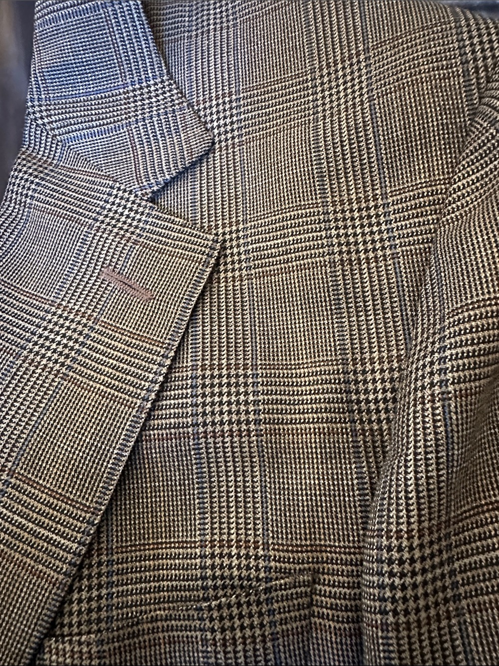 Canali Saks Fifth Avenue Glen Plaid Brown Tan Navy Men’s Sports Coat Size 44 L - Picture 13 of 13